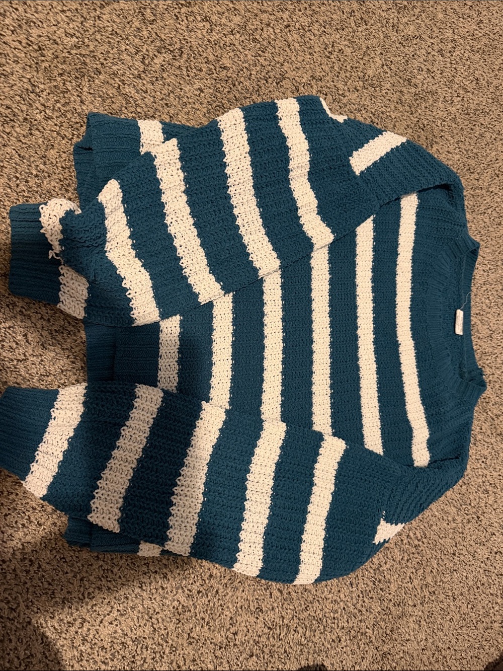 Striped Cropped Knit Sweater Top in Teal and White